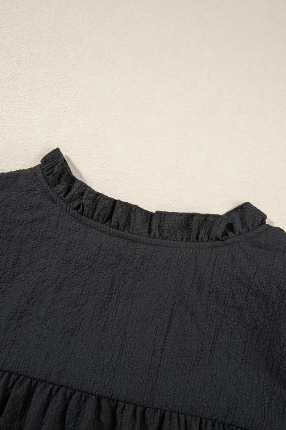 New Dear-Lover Ruffle Accent Flutter Sleeve Notch Neck Top Black