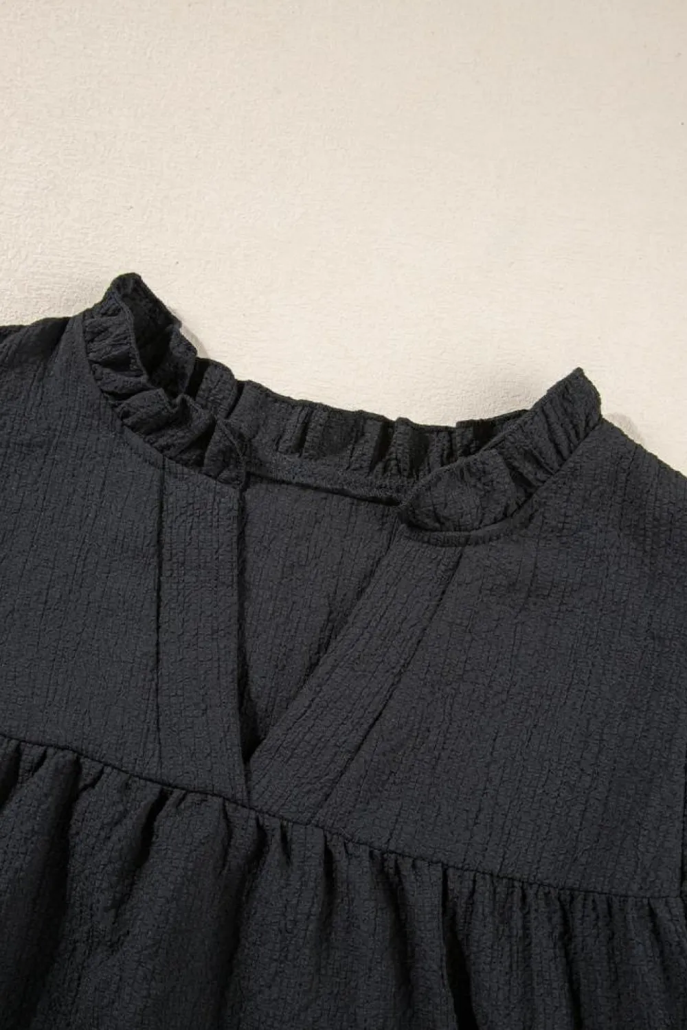 New Dear-Lover Ruffle Accent Flutter Sleeve Notch Neck Top Black