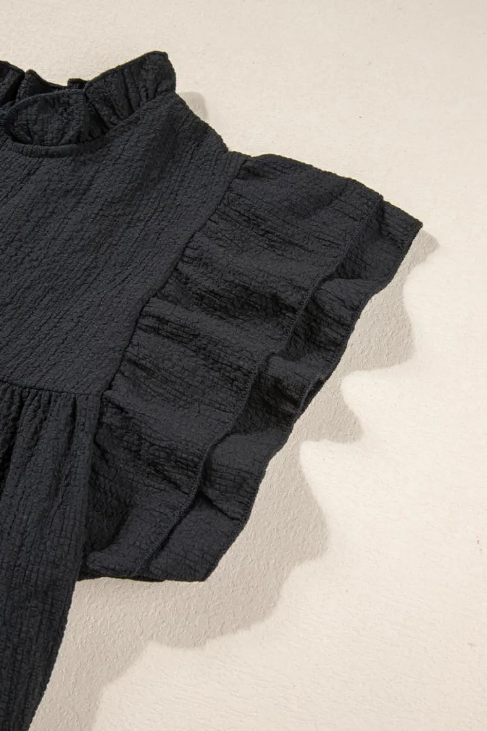 New Dear-Lover Ruffle Accent Flutter Sleeve Notch Neck Top Black