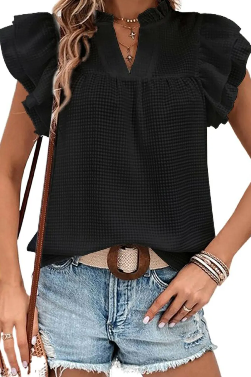 New Dear-Lover Ruffle Accent Flutter Sleeve Notch Neck Top Black