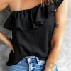 Fashion Dear-Lover Ruffle One Shoulder Crinkle Tank Black