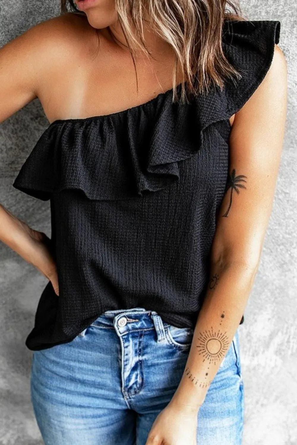 Fashion Dear-Lover Ruffle One Shoulder Crinkle Tank Black