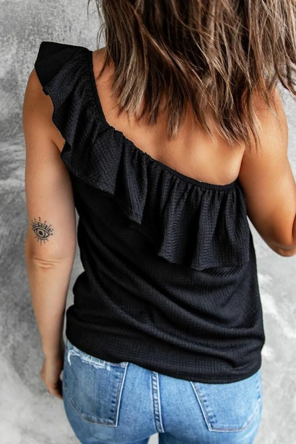 Fashion Dear-Lover Ruffle One Shoulder Crinkle Tank Black