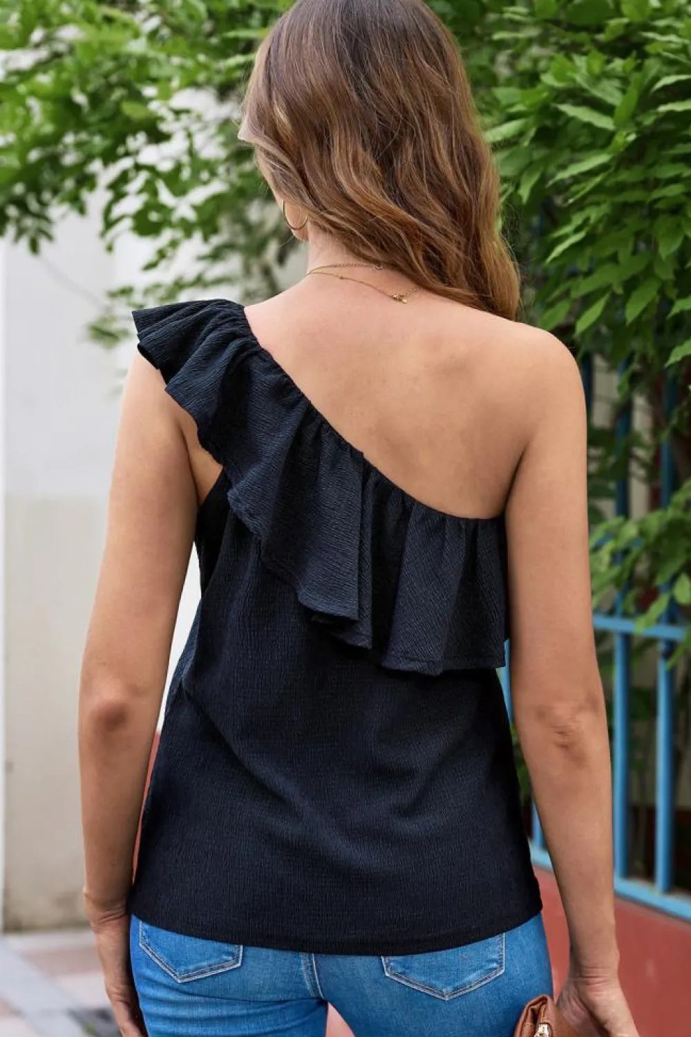 Fashion Dear-Lover Ruffle One Shoulder Crinkle Tank Black