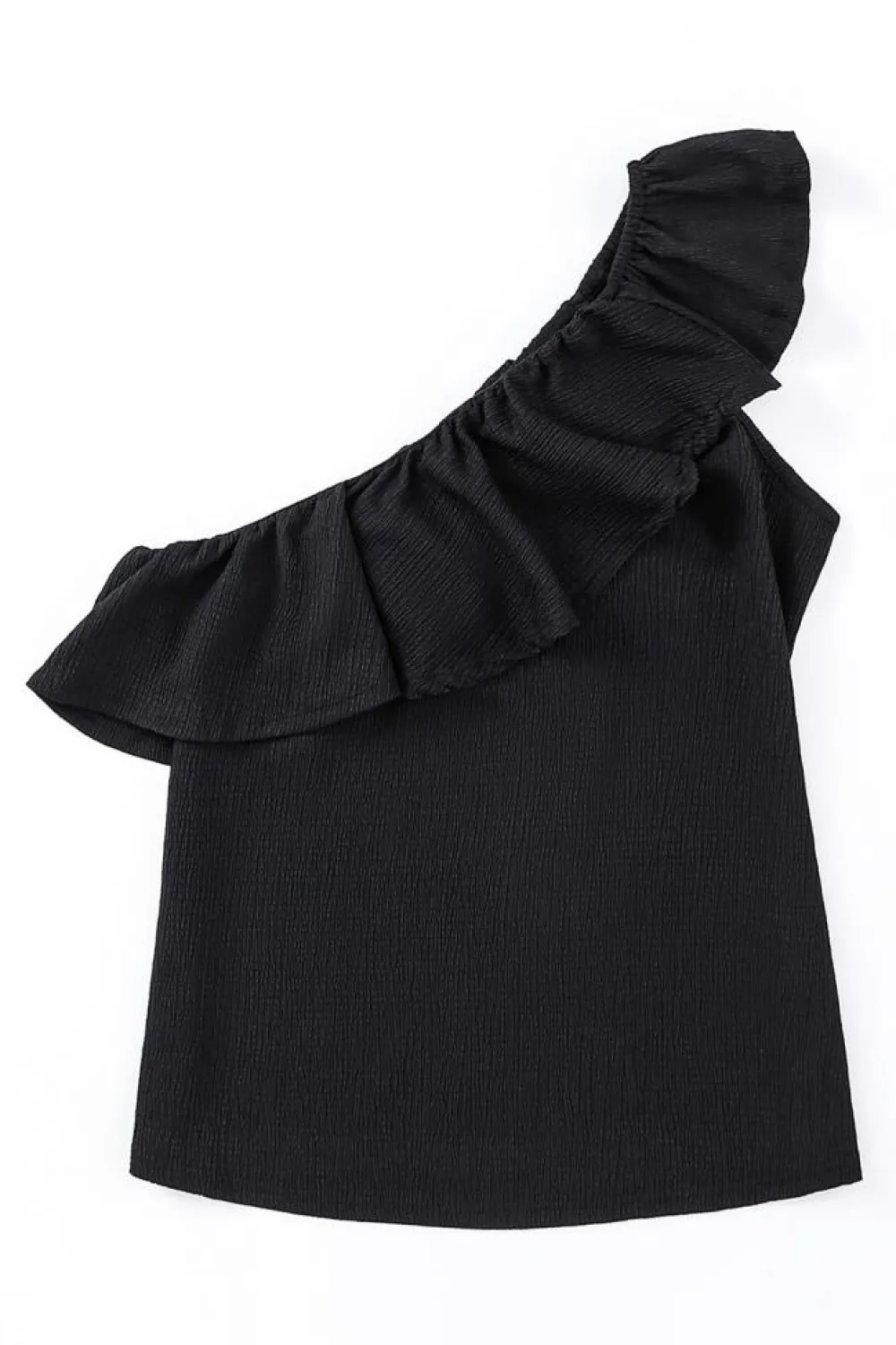Fashion Dear-Lover Ruffle One Shoulder Crinkle Tank Black