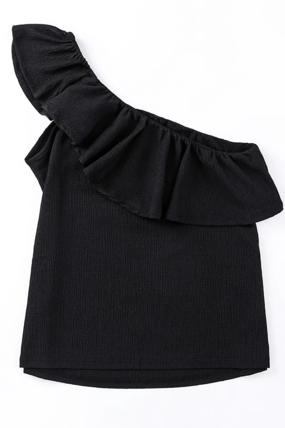 Fashion Dear-Lover Ruffle One Shoulder Crinkle Tank Black