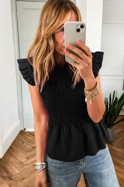 Online Dear-Lover Ruffle Short Sleeve Shirred Peplum Top Black