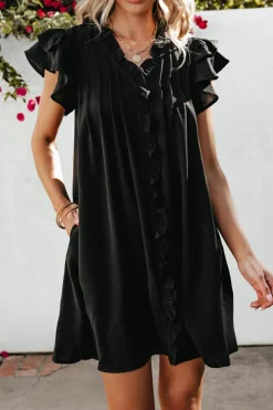 Discount Dear-Lover Ruffle Sleeve V Neck Frilled Shift Dress Black