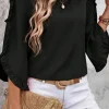 Outlet Dear-Lover Ruffle Trimmed 3/4 Sleeve Round Neck Blouse Black