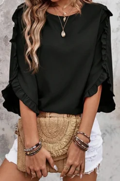 Outlet Dear-Lover Ruffle Trimmed 3/4 Sleeve Round Neck Blouse Black