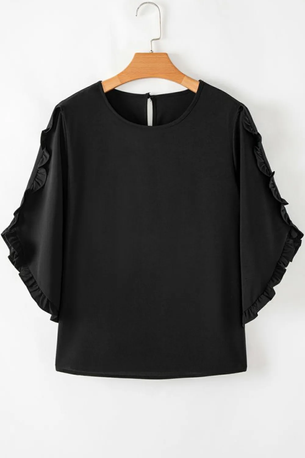 Outlet Dear-Lover Ruffle Trimmed 3/4 Sleeve Round Neck Blouse Black