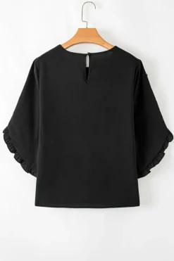 Outlet Dear-Lover Ruffle Trimmed 3/4 Sleeve Round Neck Blouse Black