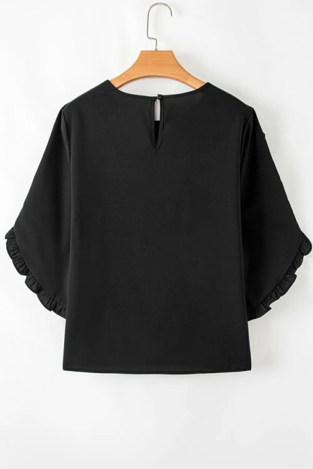 Outlet Dear-Lover Ruffle Trimmed 3/4 Sleeve Round Neck Blouse Black