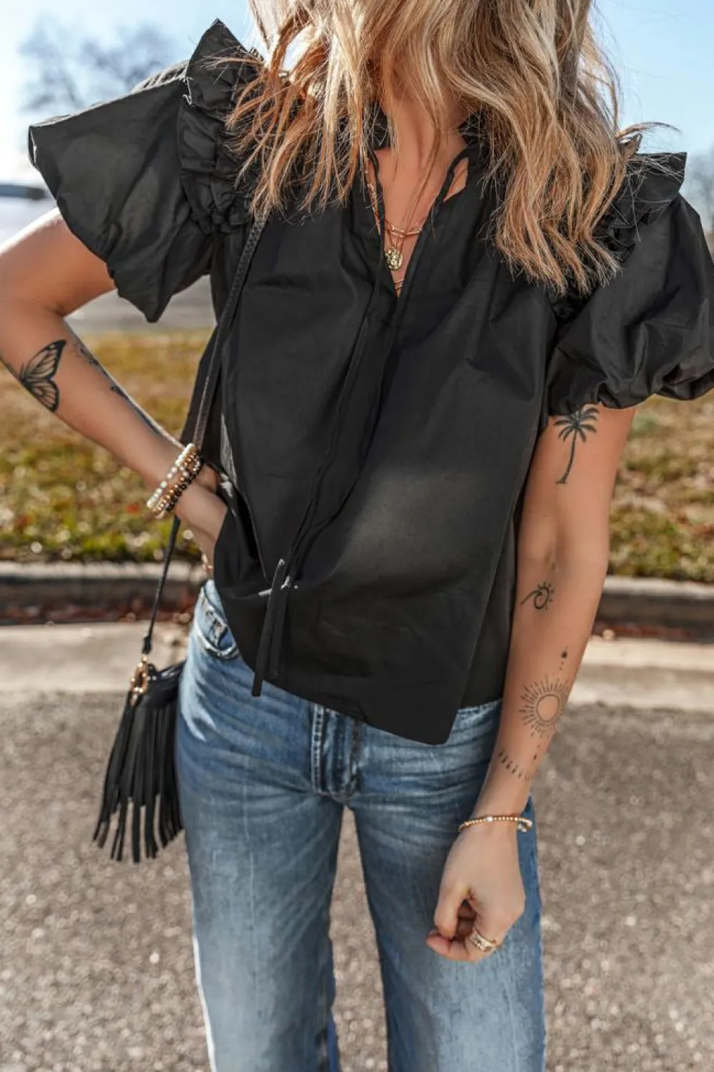 Fashion Dear-Lover Ruffled Puff Short Sleeve Loose Blouse Black