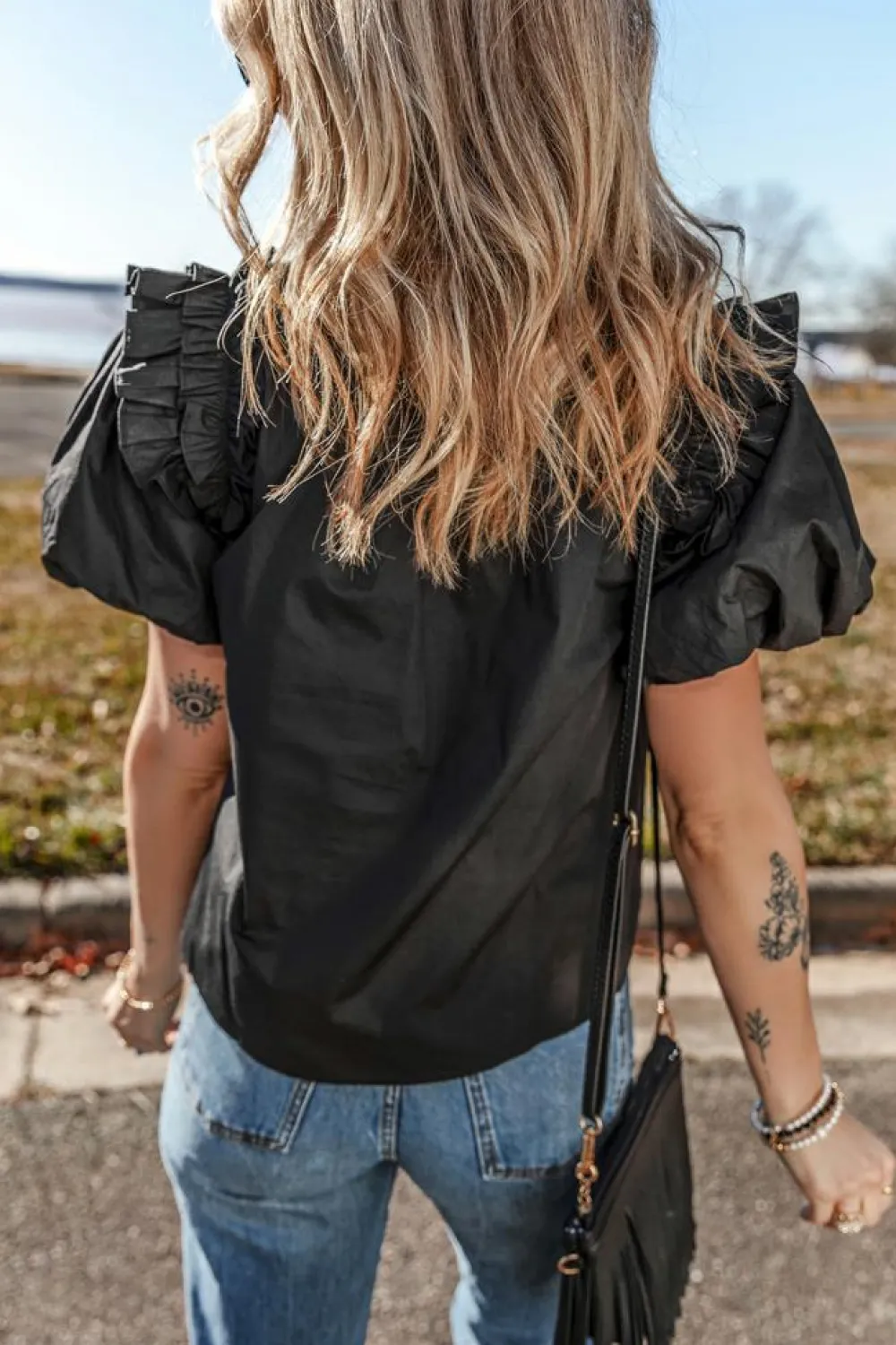 Fashion Dear-Lover Ruffled Puff Short Sleeve Loose Blouse Black