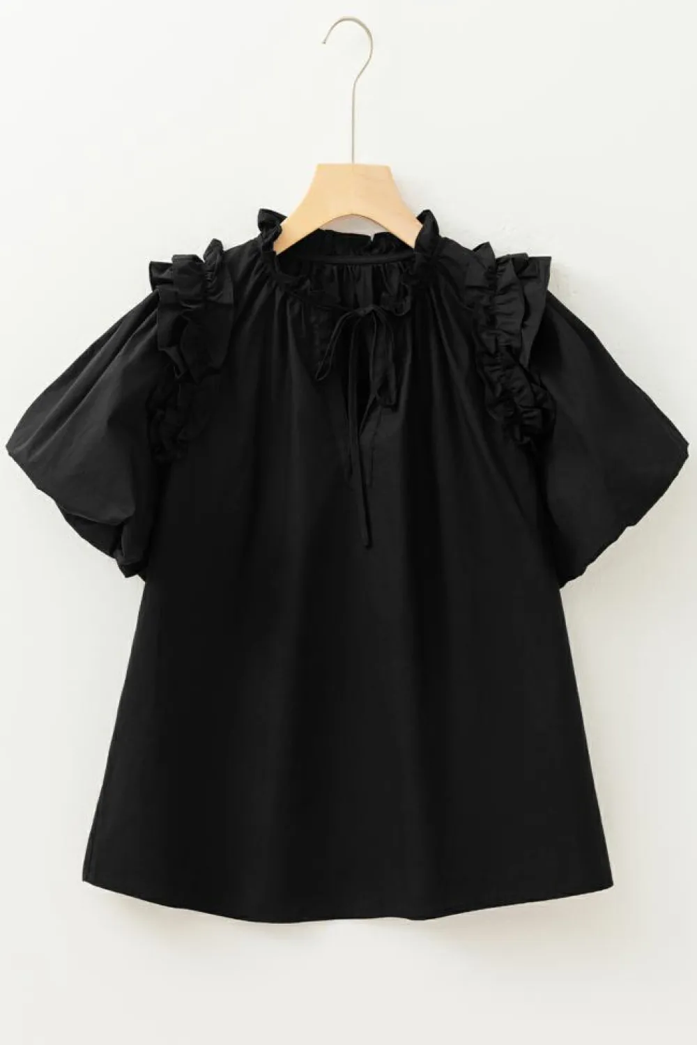 Fashion Dear-Lover Ruffled Puff Short Sleeve Loose Blouse Black