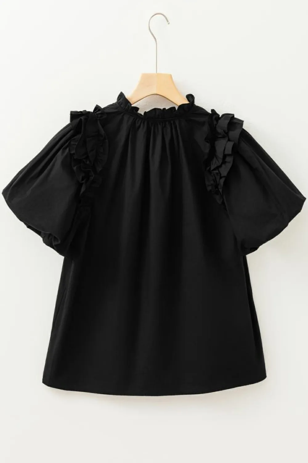 Fashion Dear-Lover Ruffled Puff Short Sleeve Loose Blouse Black