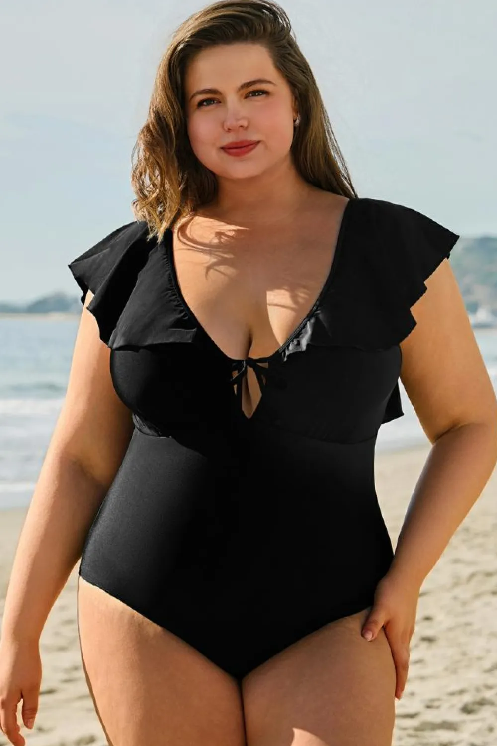 Outlet Dear-Lover Ruffled Sleeve Lace-up V Neck Plus Size One Piece Swimsuit Black