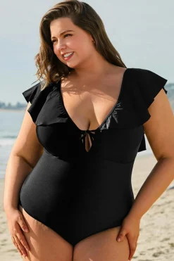 Outlet Dear-Lover Ruffled Sleeve Lace-up V Neck Plus Size One Piece Swimsuit Black