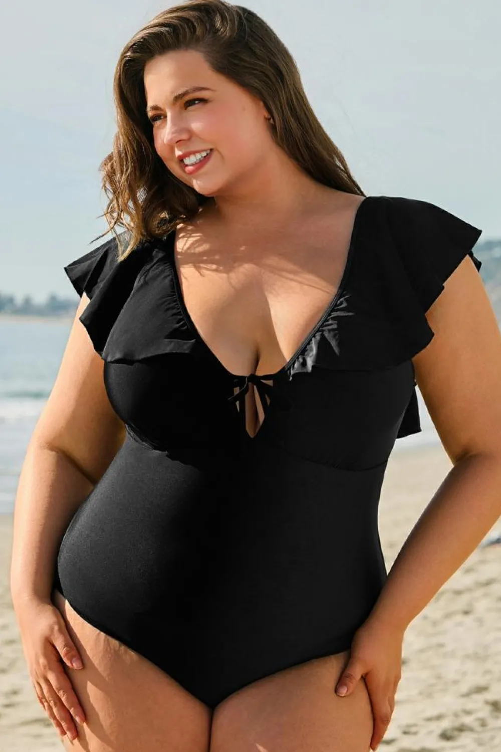 Outlet Dear-Lover Ruffled Sleeve Lace-up V Neck Plus Size One Piece Swimsuit Black