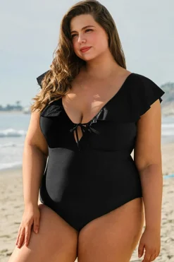 Outlet Dear-Lover Ruffled Sleeve Lace-up V Neck Plus Size One Piece Swimsuit Black