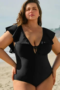 Outlet Dear-Lover Ruffled Sleeve Lace-up V Neck Plus Size One Piece Swimsuit Black