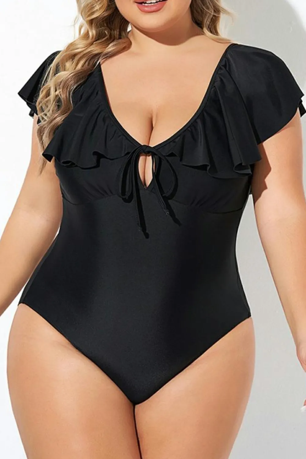 Outlet Dear-Lover Ruffled Sleeve Lace-up V Neck Plus Size One Piece Swimsuit Black