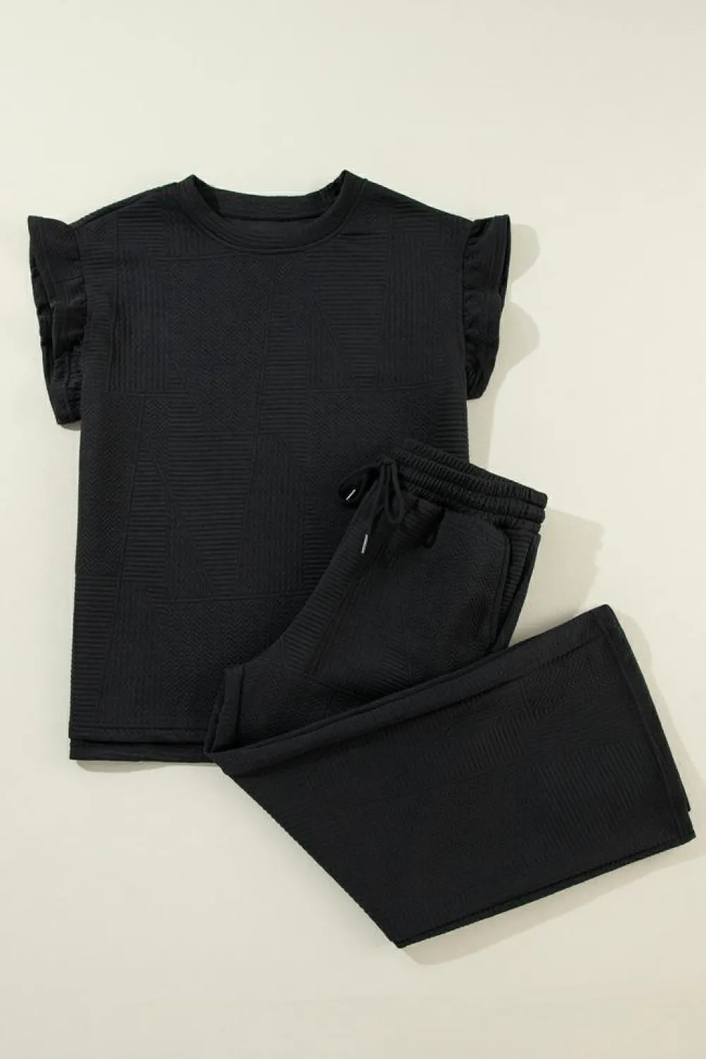 Online Dear-Lover Ruffled Sleeve Summer Top and Cropped Loose Pants Set Black