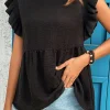 Best Dear-Lover Ruffled Textured Summer Blouse Black