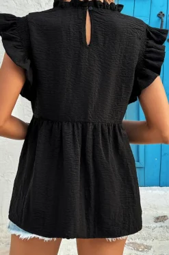 Best Dear-Lover Ruffled Textured Summer Blouse Black