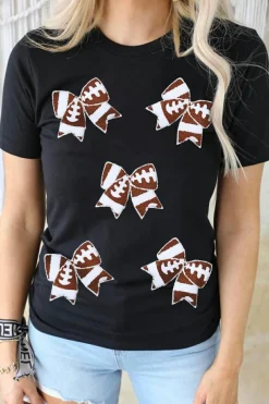 Clearance Dear-Lover Rugby Football Bowknot Pattern Game Day T Shirt Black