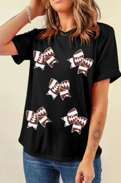 Clearance Dear-Lover Rugby Football Bowknot Pattern Game Day T Shirt Black