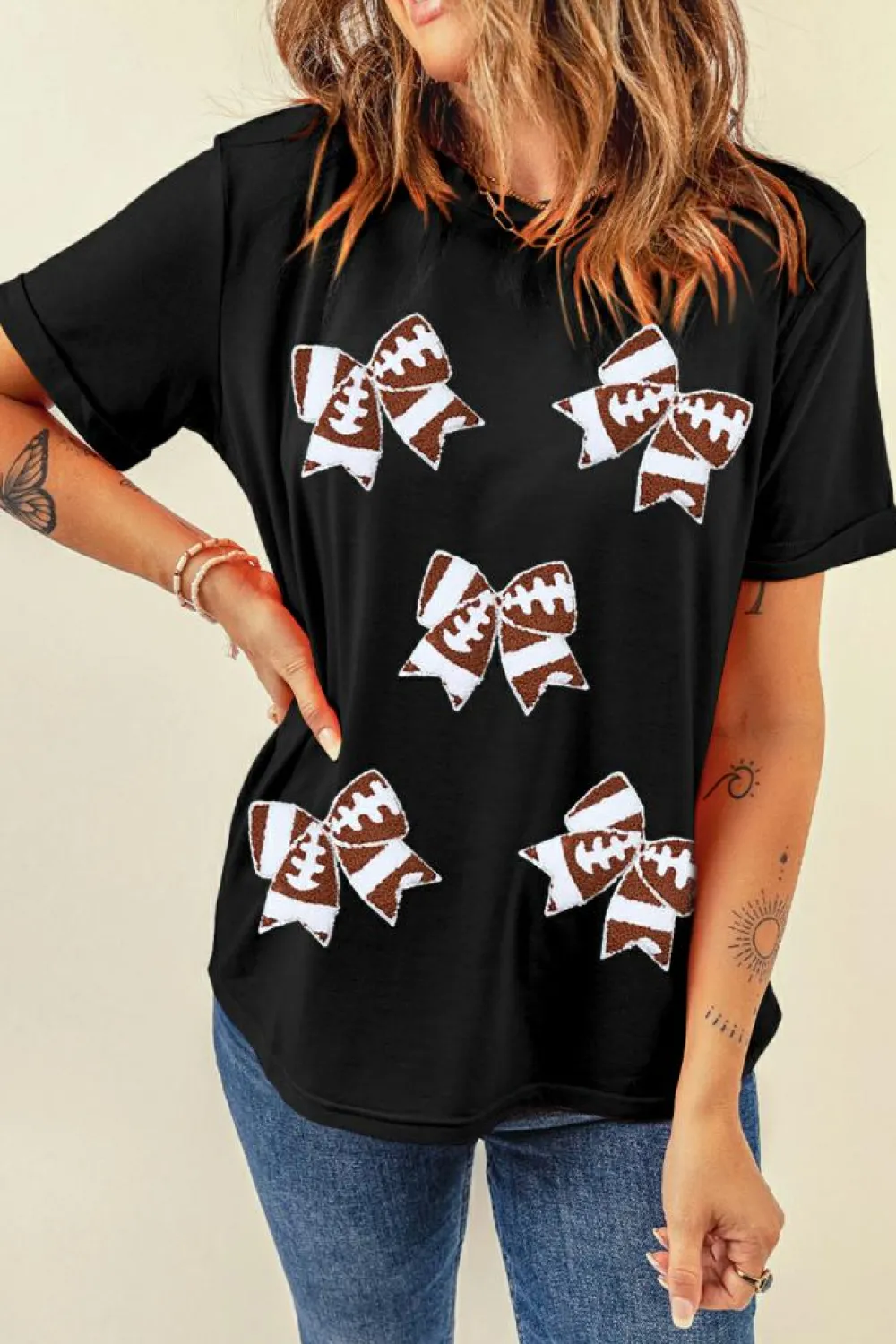 Clearance Dear-Lover Rugby Football Bowknot Pattern Game Day T Shirt Black
