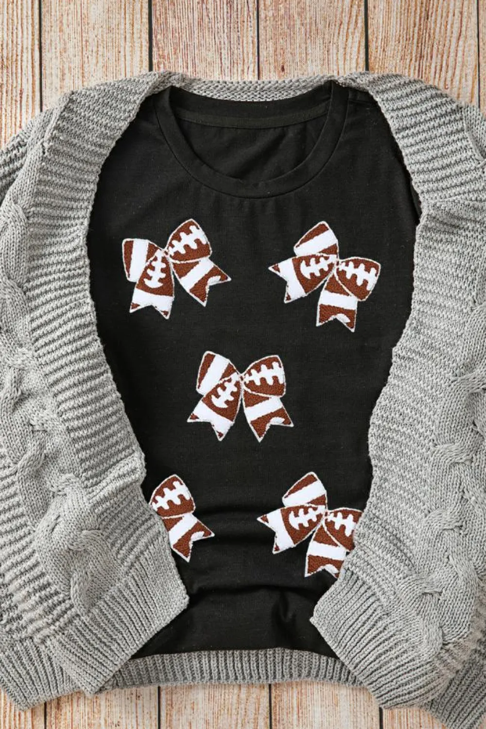 Clearance Dear-Lover Rugby Football Bowknot Pattern Game Day T Shirt Black
