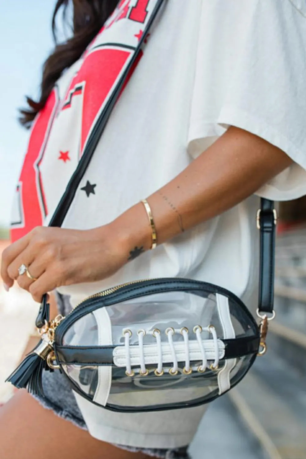 Clearance Dear-Lover Rugby Football Contrast Trim Fringe PVC Clear Shoulder Bag Black