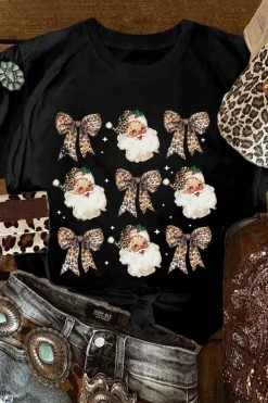 Hot Dear-Lover Santa Claus Leopard Bow Print Crew Neck Casual T Shirt Black