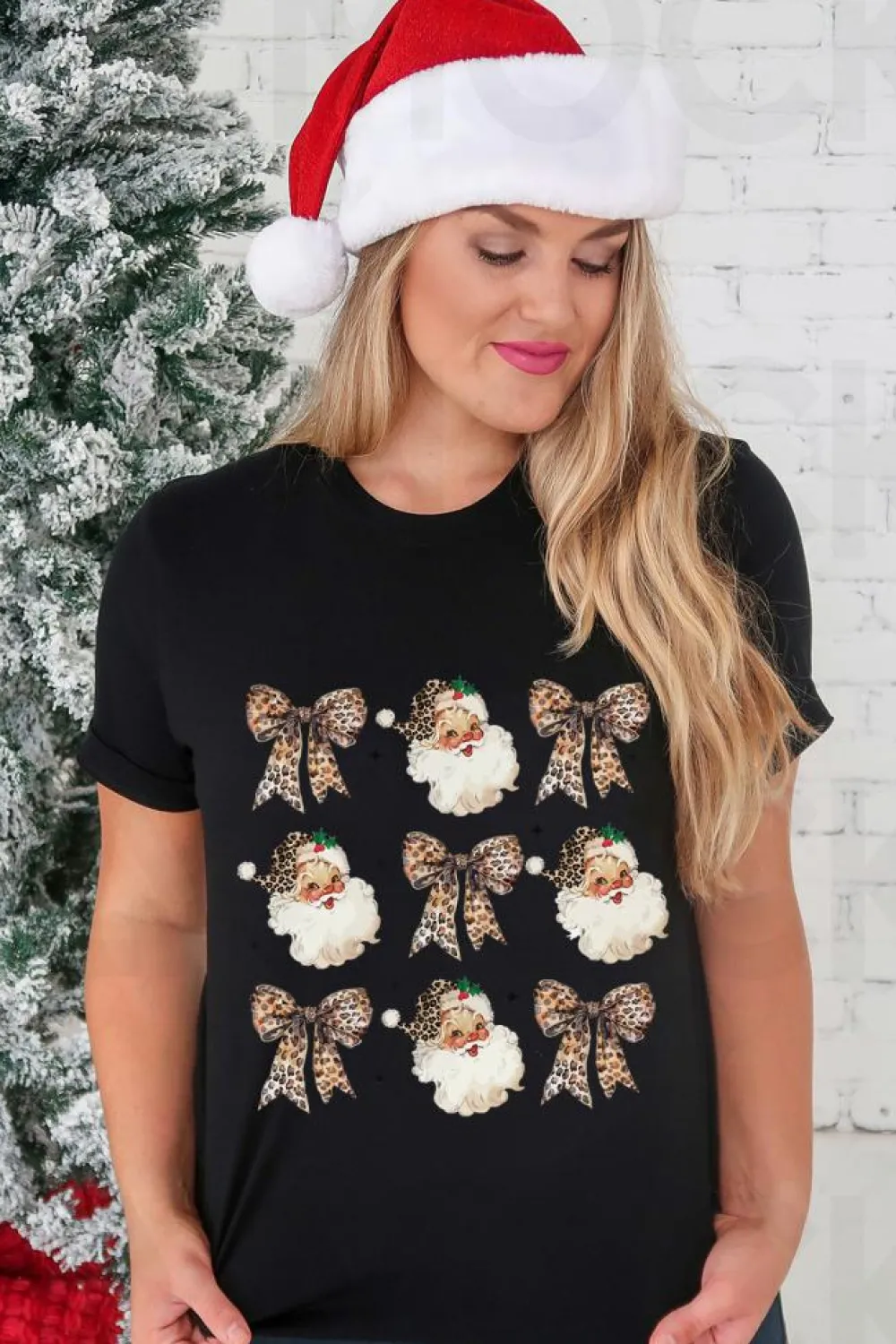 Hot Dear-Lover Santa Claus Leopard Bow Print Crew Neck Casual T Shirt Black