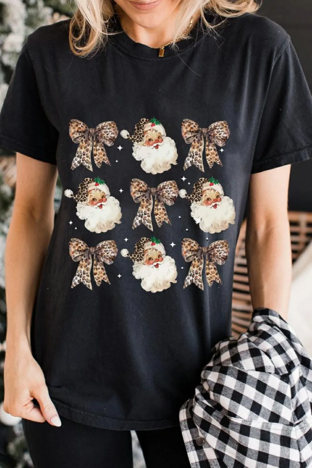 Hot Dear-Lover Santa Claus Leopard Bow Print Crew Neck Casual T Shirt Black