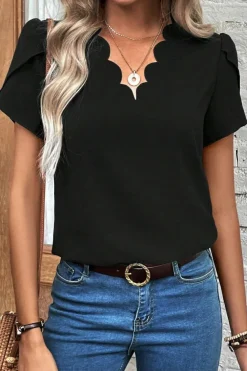 Online Dear-Lover Scalloped V Neckline Petal Sleeve Top Black