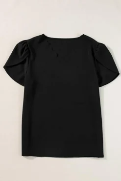 Online Dear-Lover Scalloped V Neckline Petal Sleeve Top Black