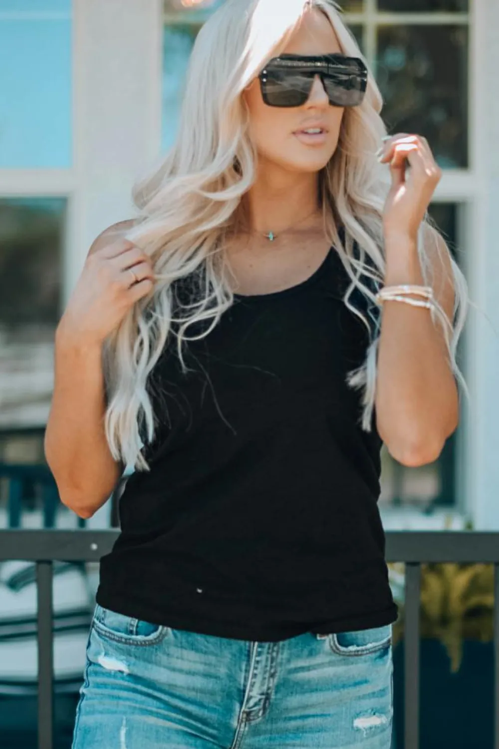 Fashion Dear-Lover Scoop Neck Basic Solid Tank Top Black