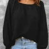 Online Dear-Lover Scoop Neck Puff Sleeve Waffle Knit Top Black