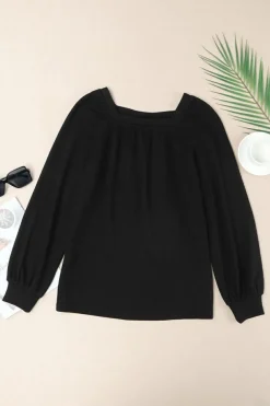 Online Dear-Lover Scoop Neck Puff Sleeve Waffle Knit Top Black