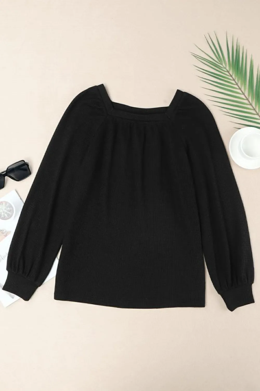 Online Dear-Lover Scoop Neck Puff Sleeve Waffle Knit Top Black