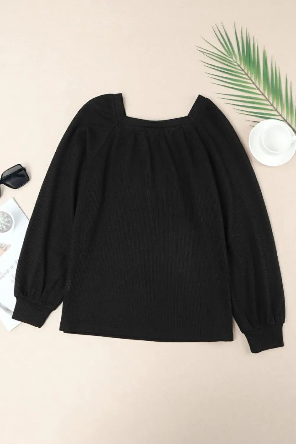Online Dear-Lover Scoop Neck Puff Sleeve Waffle Knit Top Black