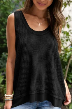 Best Dear-Lover Scoop Neck Waffle Knit Flowy Vest Black