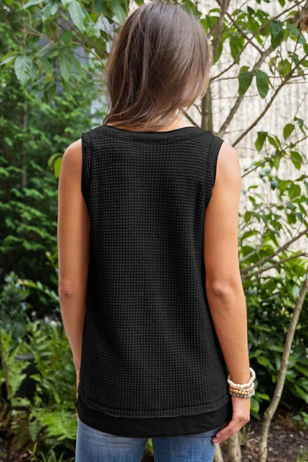 Best Dear-Lover Scoop Neck Waffle Knit Flowy Vest Black