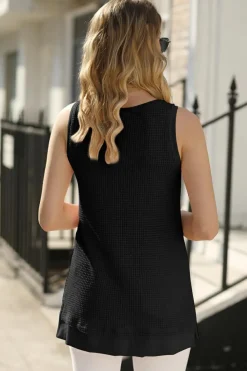 Best Dear-Lover Scoop Neck Waffle Knit Flowy Vest Black