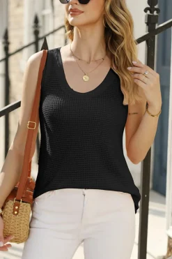 Best Dear-Lover Scoop Neck Waffle Knit Flowy Vest Black