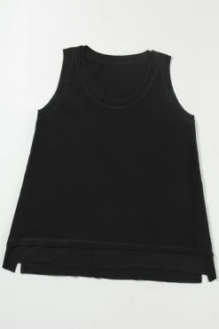 Best Dear-Lover Scoop Neck Waffle Knit Flowy Vest Black